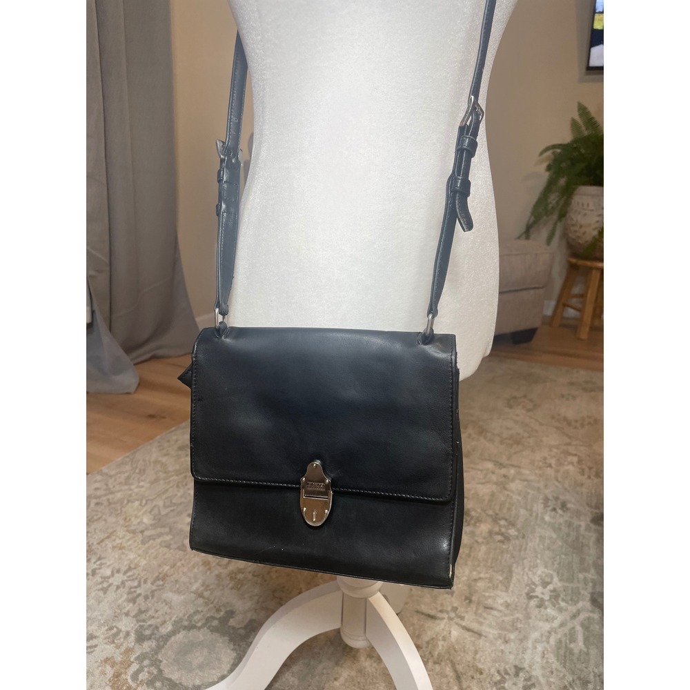 Enzo Angiolini Black Leather Crossbody Bagβ Silver Lock Flap Adjustable Strap